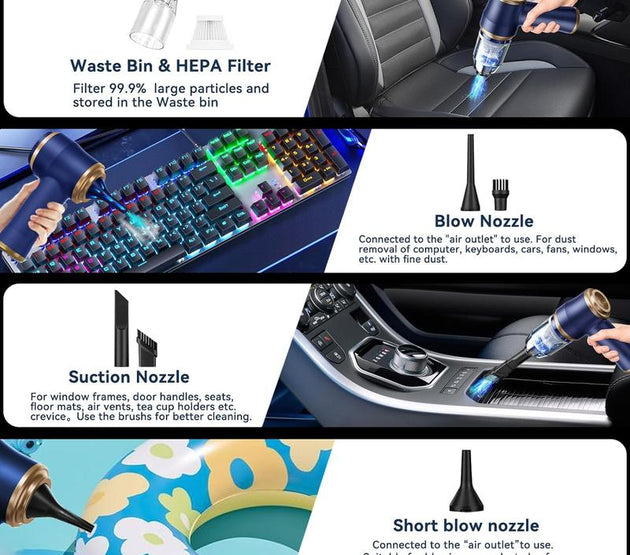 BELBUY Handheld Car Vacuum Cleaner, 1900OPa VacuumCleaner and Air Gun, 120W High-Power Wireless HandheldCar Vacuum Cleaner, equipped with two filters and multiplenozzles,suitable for cars, homes, offices, and pets.