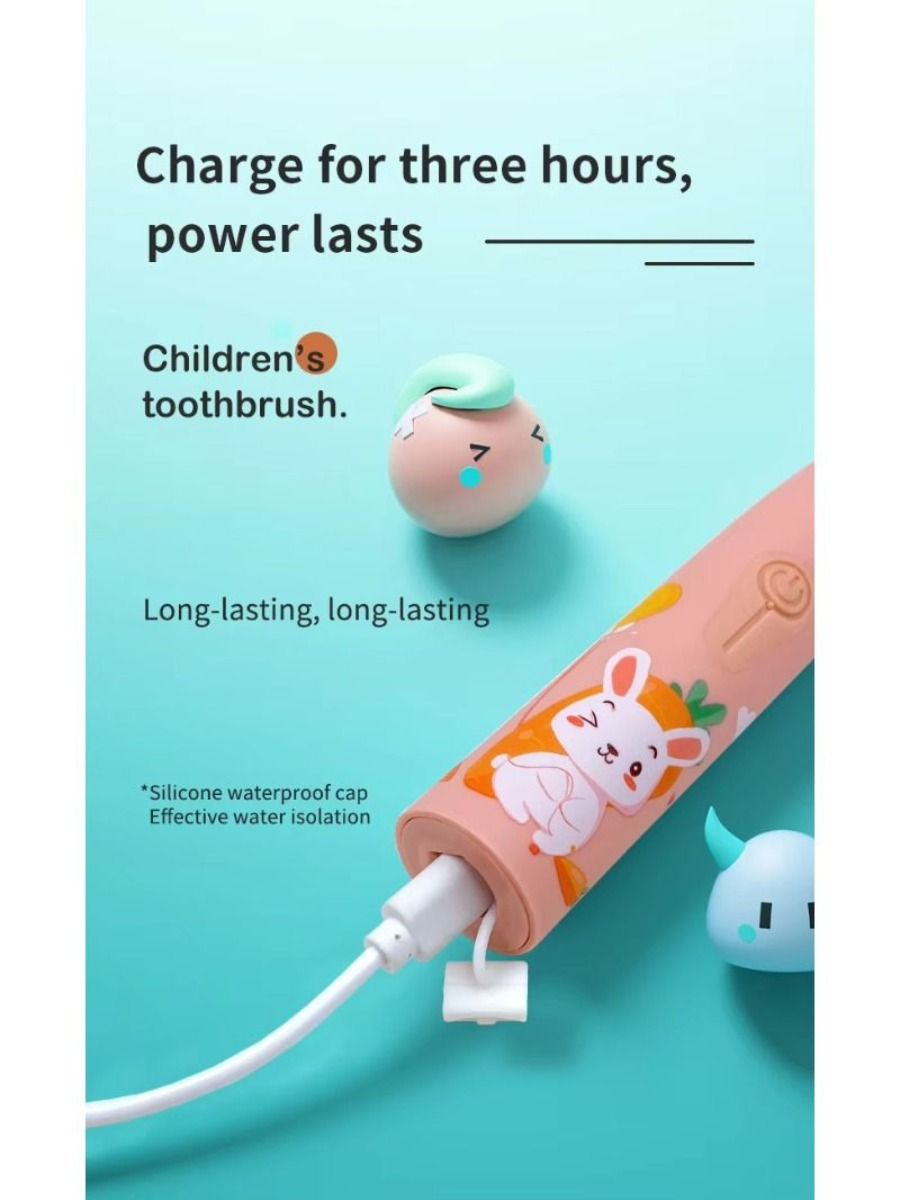 Electric children's toothbrush with soft bristles, featuring a two-minute timer and six replacement heads