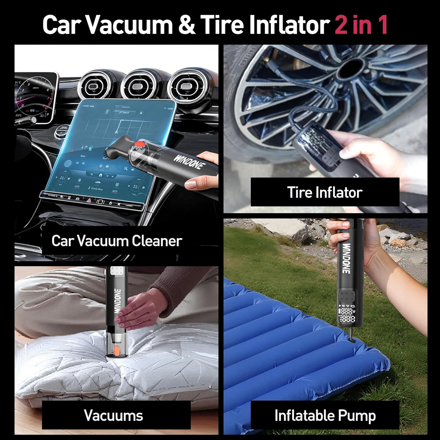 Car Vacuum, 12000Pa 2-in-1 Cleaner & Tire Inflator 150PSI, 60W Brushless Motor, Cordless Handheld Vacuum & Air Pump with Pressure Gauge, LED Light, Multi-Nozzles for Car, Home, Office