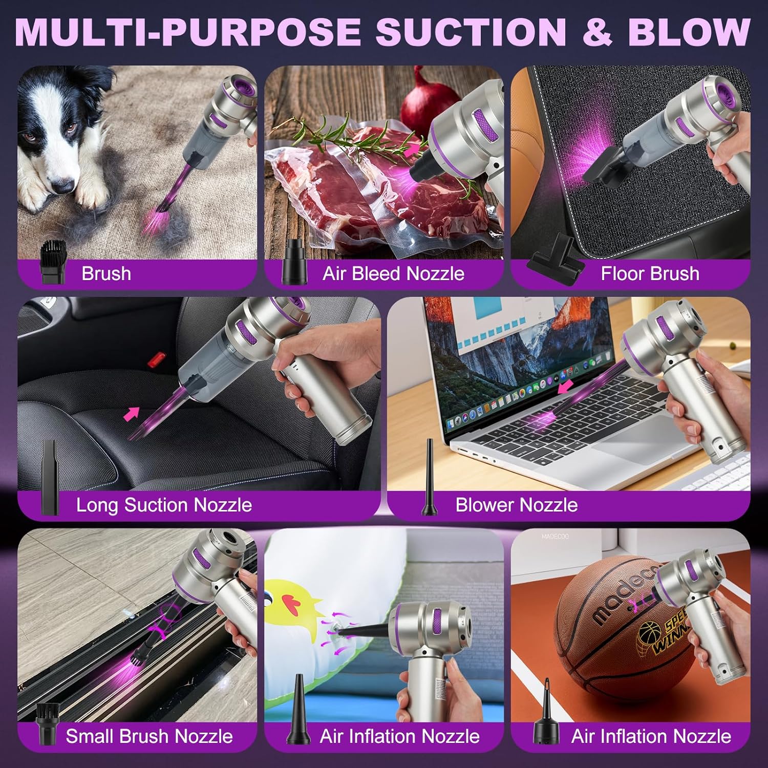 Handheld Car Vacuum Portable Cordless - 18000PA High Power with Brushless Motor, 4-in-1 Air Duster, Blower, Pump & Rechargeable Mini Vacuum for Car, Home, Office (Silver Grey+Purple)