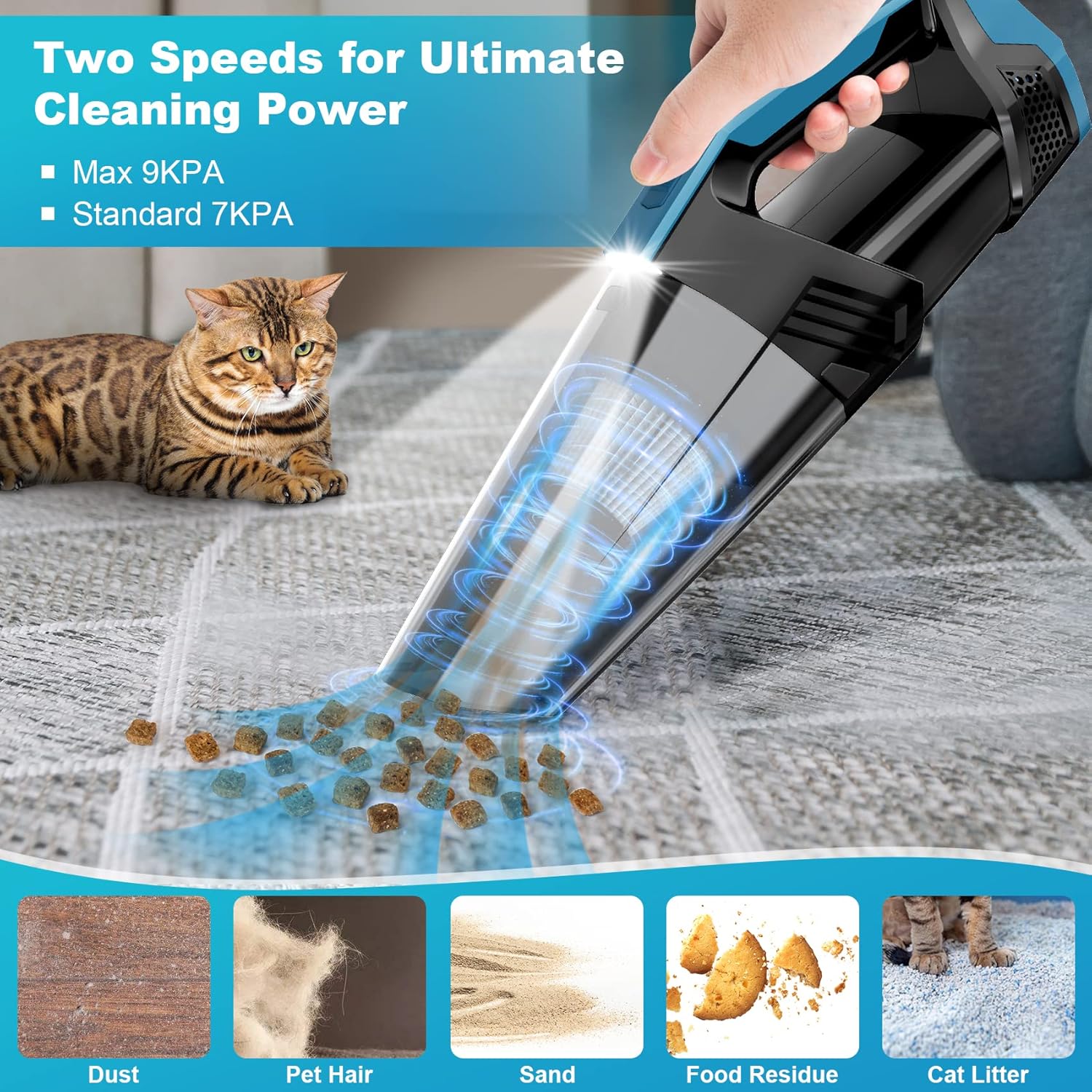 Cordless Car Vacuum Lightweight High Power Handheld Vacuum Cleaner with LED Light, Upgraded Hand Vacuum for Car Home Office and Pet Hair, BlackBlue