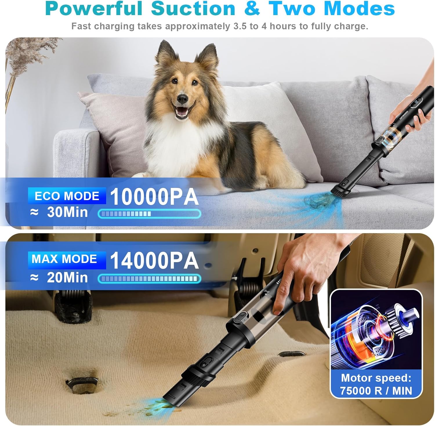 Handheld Vacuum Cordless, Upbooz Portable Car Vacuum, 14000PA Powerful Suction Vacuum Cleaner with LED Light and Air Duster 2 in 1, Low Noise Rechargeable Mini Hand Held Vacuum for Car Home Pet Office
