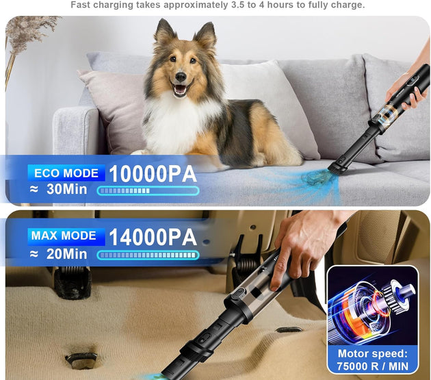 Handheld Vacuum Cordless, Upbooz Portable Car Vacuum, 14000PA Powerful Suction Vacuum Cleaner with LED Light and Air Duster 2 in 1, Low Noise Rechargeable Mini Hand Held Vacuum for Car Home Pet Office