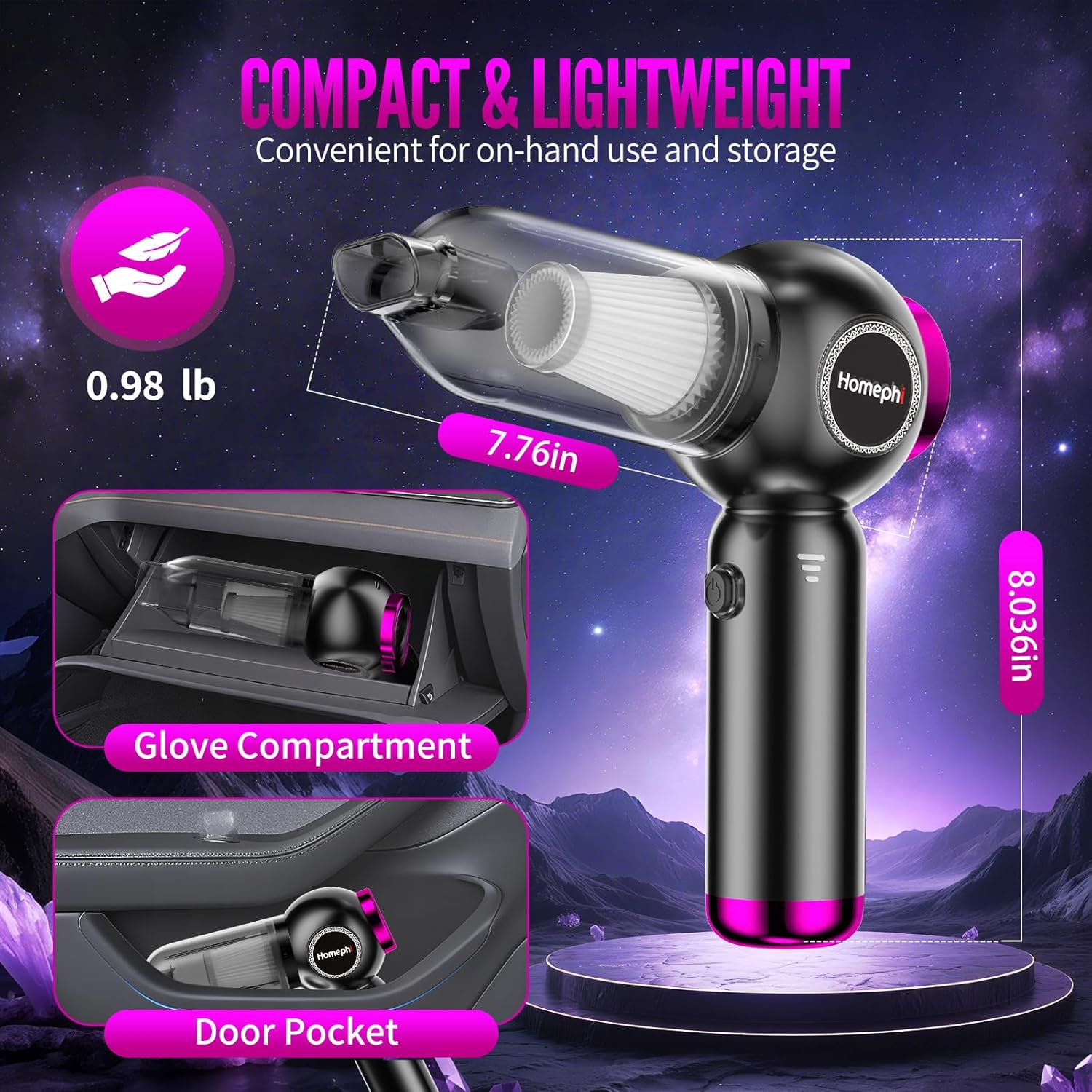 Car Vacuum Portable Cordless, 17500Pa Suction, 4 in 1 Mini Handheld Vacuum Cleaner, Ultra Lightweight, Compact Rechargeable Dust Buster Hand Vacuum, for Car Interior, Home, Pet Hair, Camping