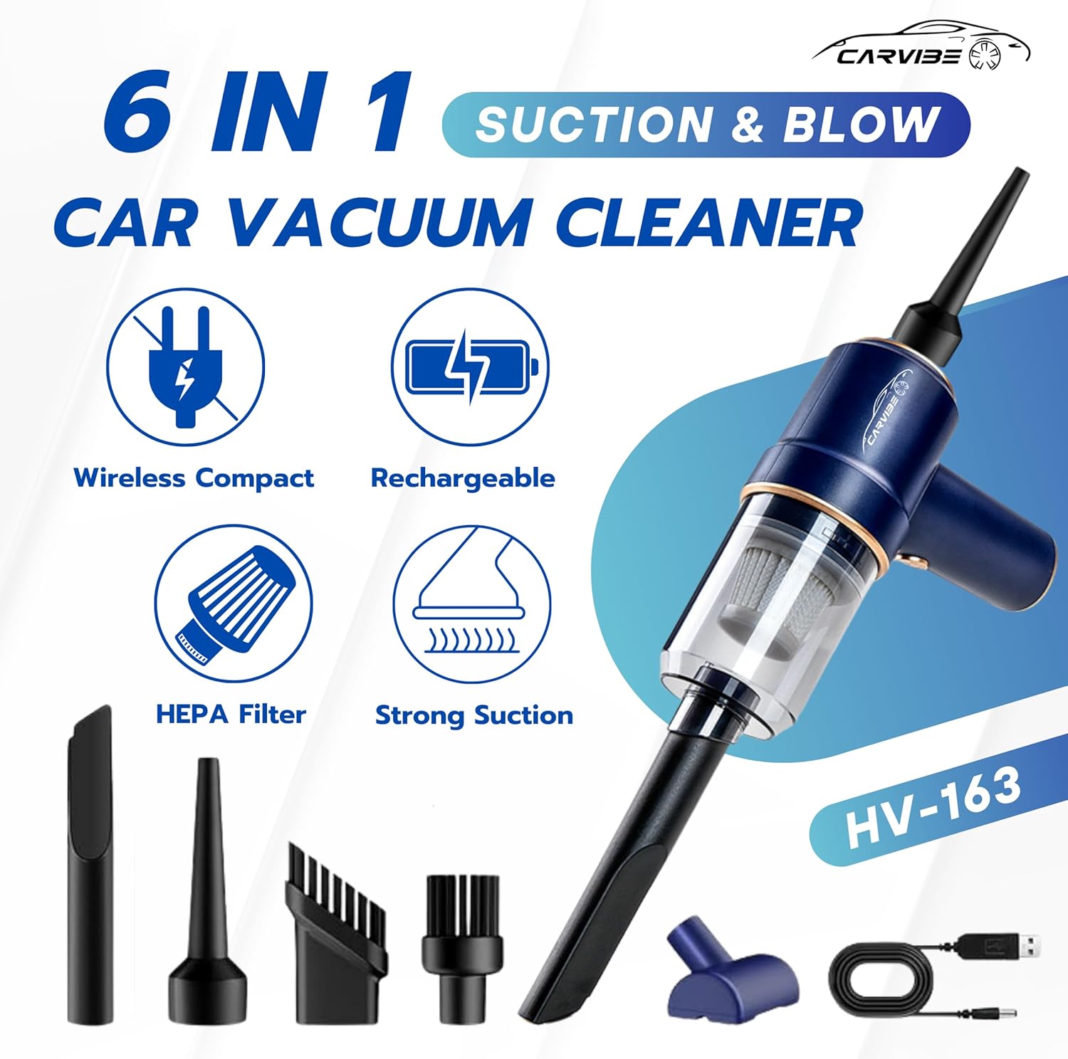 Portable Handheld Cordless Car Vacuum Cleaner, 6 in 1 16000Pa Vacuum Cleaner and Air Duster with LED Lights and Multi-Nozzles, 120W High Power Rechargeable Vacuum for Car, Home, Office, Pet