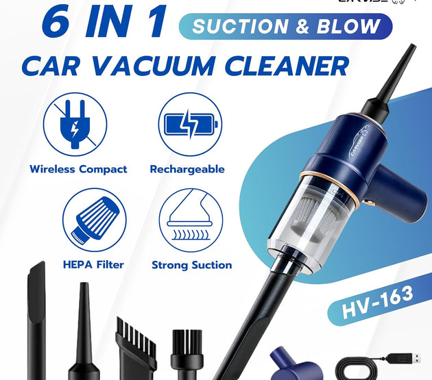 Portable Handheld Cordless Car Vacuum Cleaner, 6 in 1 16000Pa Vacuum Cleaner and Air Duster with LED Lights and Multi-Nozzles, 120W High Power Rechargeable Vacuum for Car, Home, Office, Pet