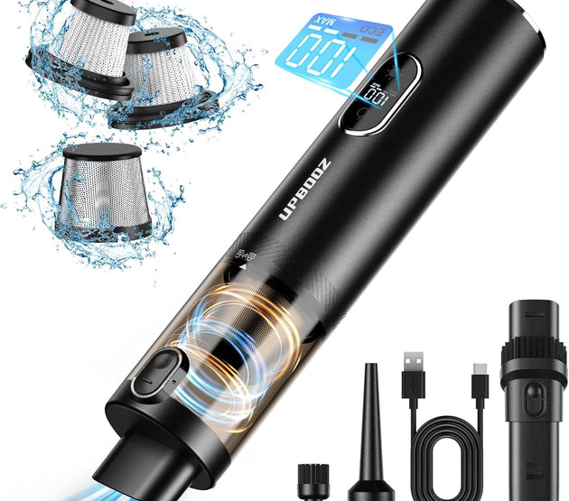 Handheld Vacuum Cordless, Upbooz Portable Car Vacuum, 14000PA Powerful Suction Vacuum Cleaner with LED Light and Air Duster 2 in 1, Low Noise Rechargeable Mini Hand Held Vacuum for Car Home Pet Office