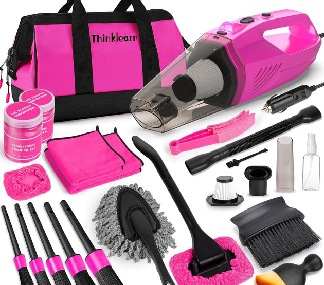 Car Cleaning Kit, Car Vacuum Detailing Kit Interior with High Power Handheld Vacuum, Including 7Pcs Detailing Brush Set, Windshield Cleaner, Pink Car Accessories for Women