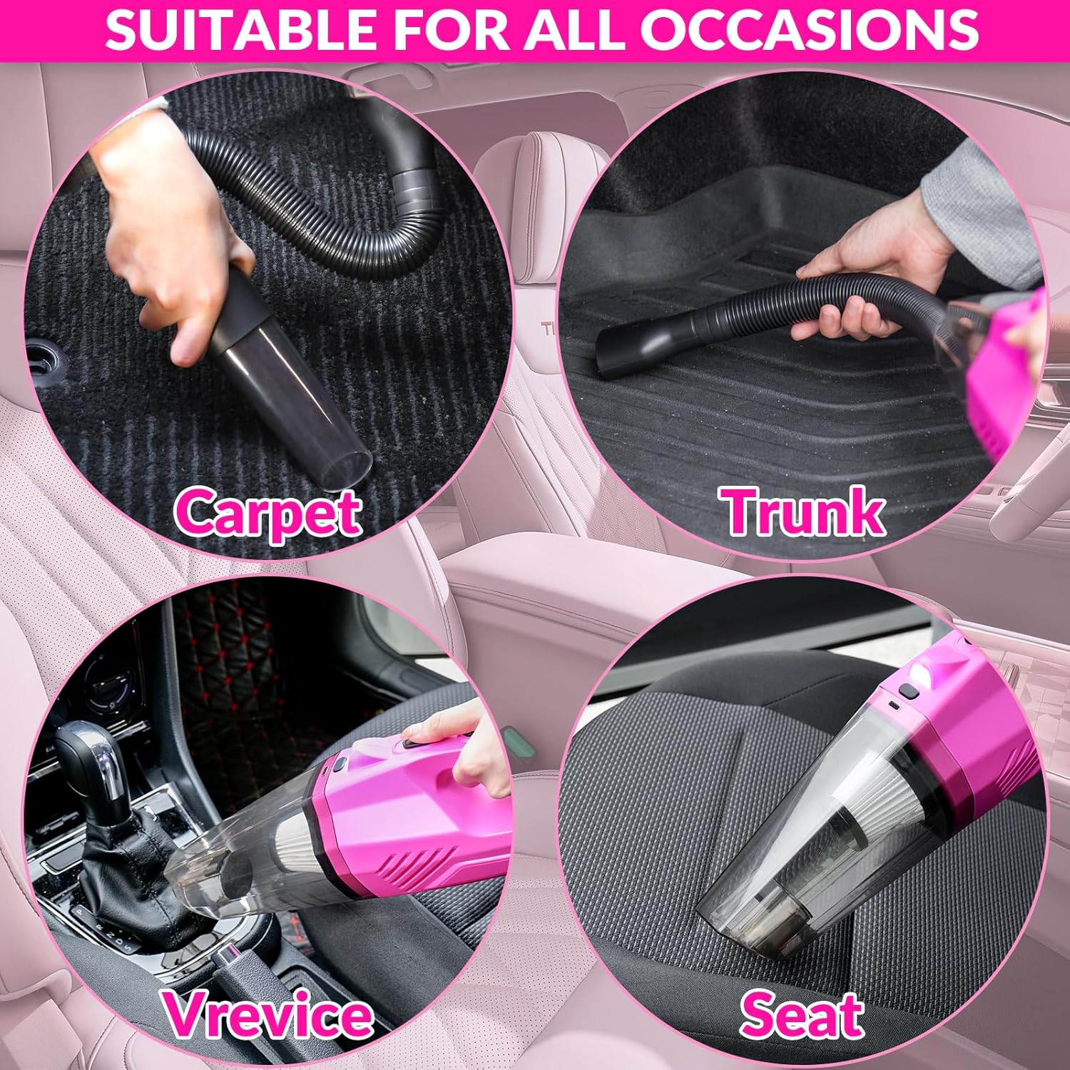 Car Cleaning Kit, Car Vacuum Detailing Kit Interior with High Power Handheld Vacuum, Including 7Pcs Detailing Brush Set, Windshield Cleaner, Pink Car Accessories for Women