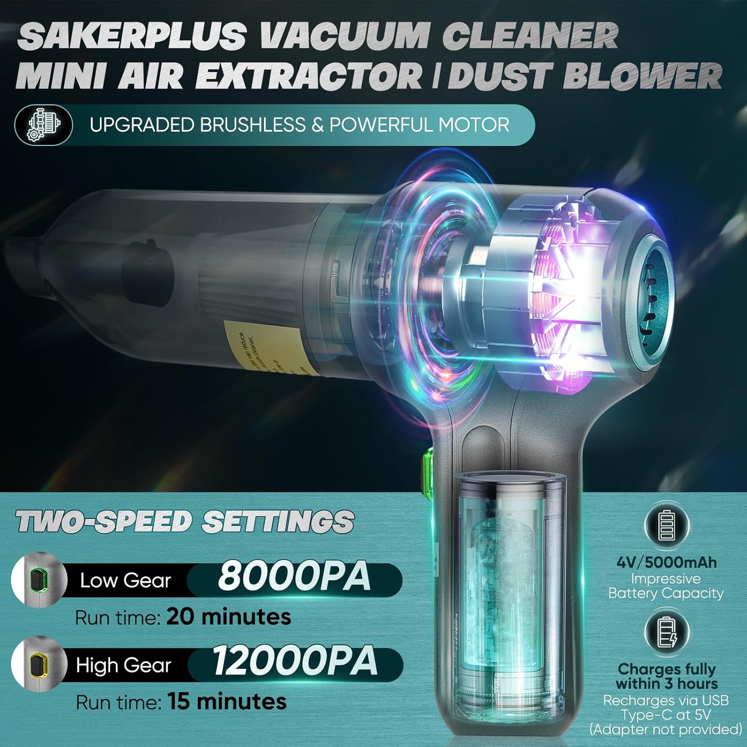 Car Vacuum Cleaner-Wireless Handheld Car Vacuums with Best Suction,Brushless Motor 12000PA Maximum Power,3 in 1 Mini Portable Vacuum Cleaner Cordless for Home,Office,Kitchen,Cars