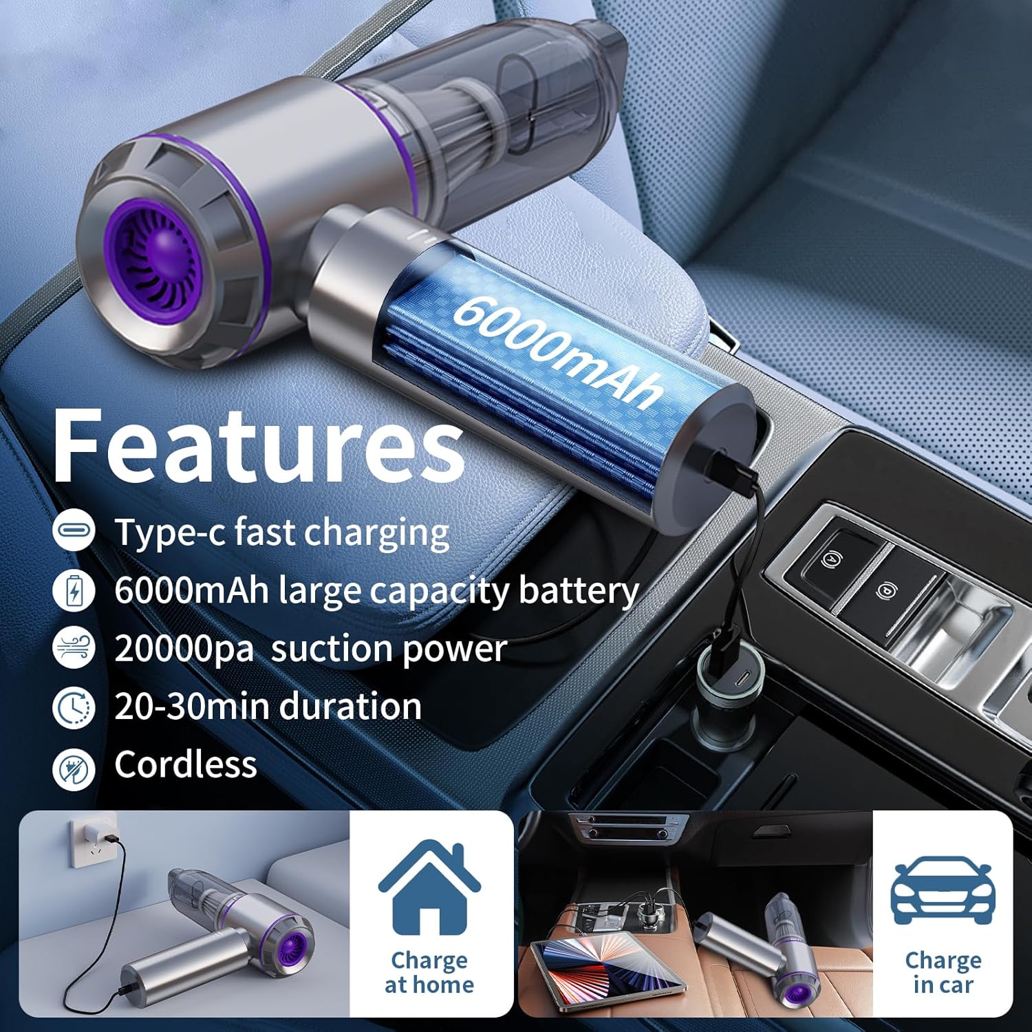 Car Detailing Vacuum Cleaner – Cordless 20000Pa Handheld Mini Vacuum & Air Duster for Car Cleaning Kit, 3-Speed Brushless Motor, 6000mAh Battery, Home Office Camping