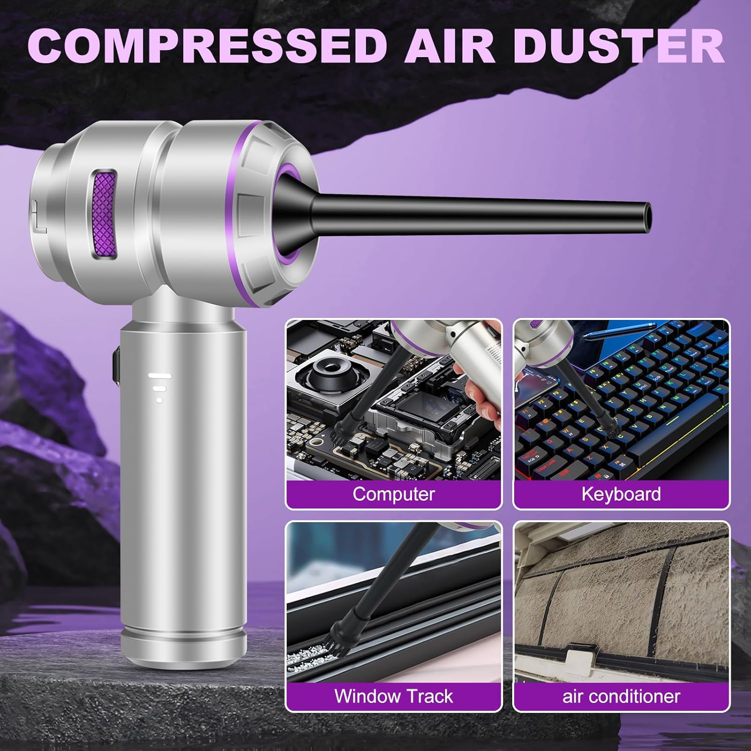 Handheld Car Vacuum Portable Cordless - 18000PA High Power with Brushless Motor, 4-in-1 Air Duster, Blower, Pump & Rechargeable Mini Vacuum for Car, Home, Office (Silver Grey+Purple)