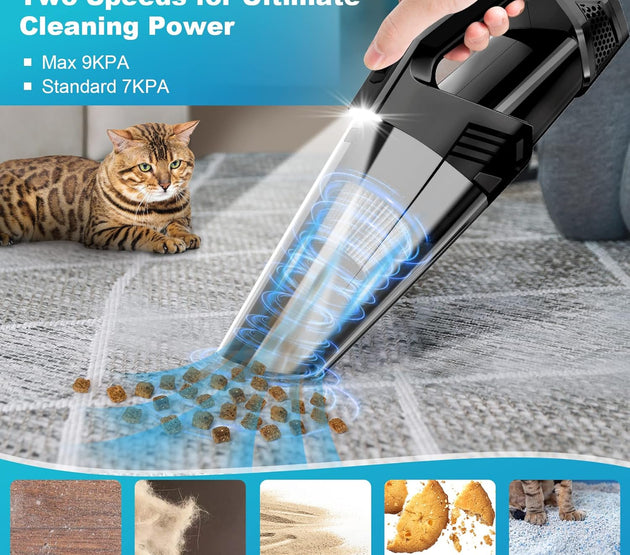 Handheld Vacuum Cordless Car Vacuum Portable with LED Light, High Power Suction, Lightweight Rechargeable Hand Vacuum, Hand Held Vacuum Cleaner for Car Home Office, Pet Hair, Black