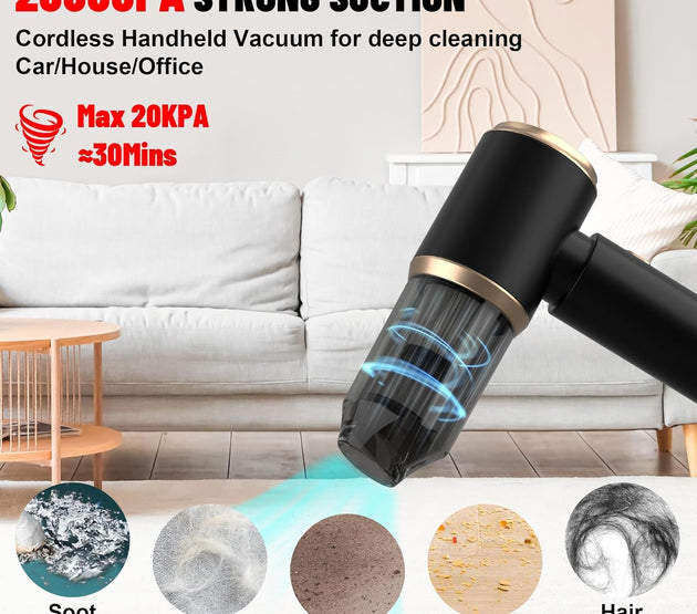 Handheld Car Vacuum Portable Cordless, 20000PA High Power 4 in 1 Vacuum Cleaner & Air Duster & Air Blower with 4000mAh Brushless Motor and Multi-Nozzles for Car (20000 PA-Black)