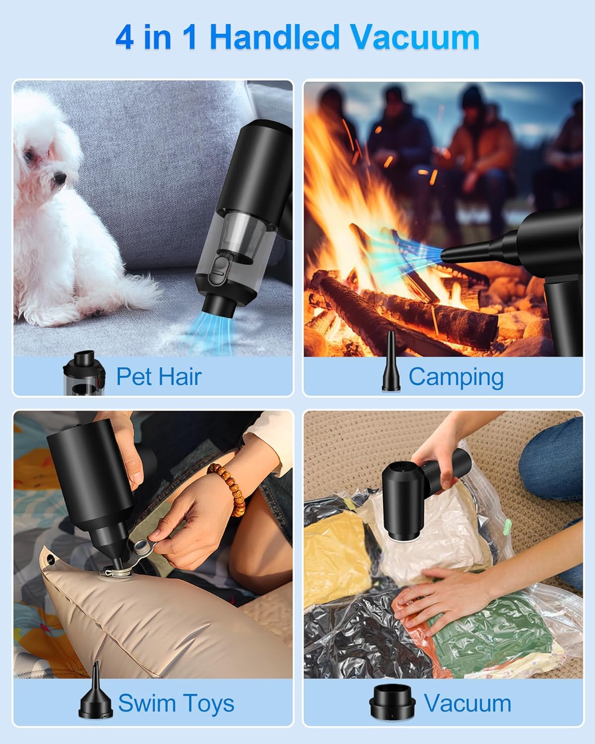 Car Vacuum Portable Cordless - 4 in 1 90° Foldable Mini Car Vacuum with 16000Pa, Rechargeable Handheld Air Duster with Brushless Motor for Auto Home Office Pet Hair (Black)
