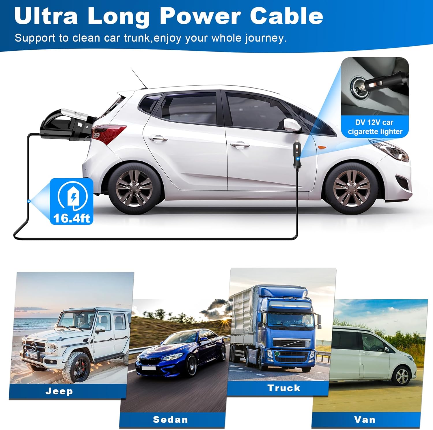 Car Vacuum, Portable Vacuum Cleaner with Powerful 7000PA Suction, DC 12V Power 16.4Ft Cord Wired Vacuum Cleaner, LED Light, Car Accessories for Men/Women