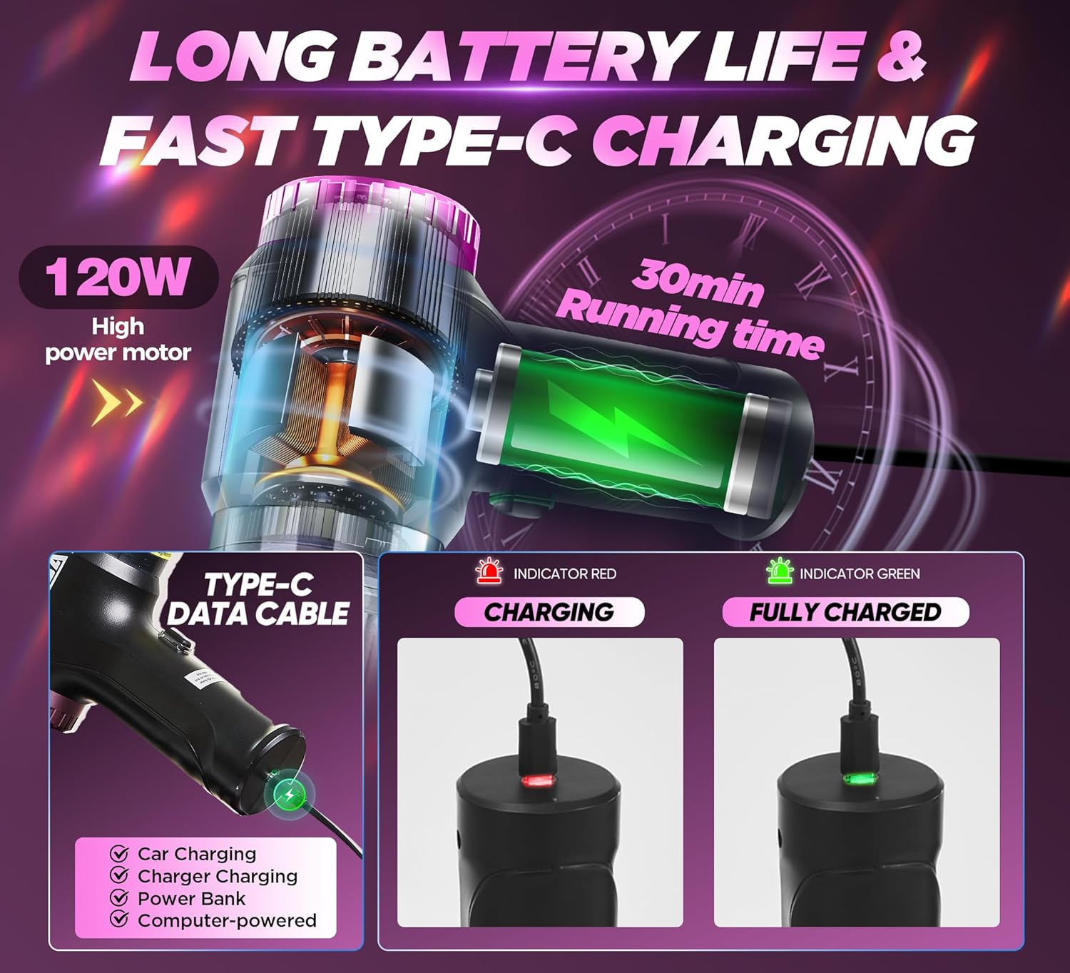 Handheld Vacuum Cordless-3 in 1 Car Vacuum Cleaner High Power-Brushless Motor 12000PA,Super Suction Power Vacuums-Cable-Small, Portable and Rechargeable Cleaner for Car