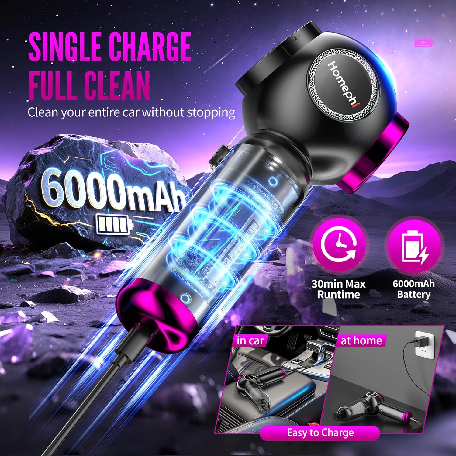 Car Vacuum Portable Cordless, 17500Pa Suction, 4 in 1 Mini Handheld Vacuum Cleaner, Ultra Lightweight, Compact Rechargeable Dust Buster Hand Vacuum, for Car Interior, Home, Pet Hair, Camping