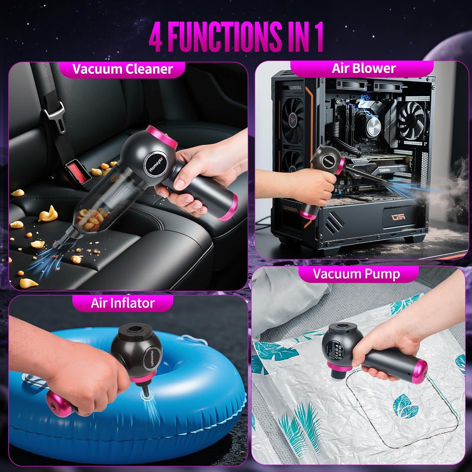 Car Vacuum Portable Cordless, 17500Pa Suction, 4 in 1 Mini Handheld Vacuum Cleaner, Ultra Lightweight, Compact Rechargeable Dust Buster Hand Vacuum, for Car Interior, Home, Pet Hair, Camping