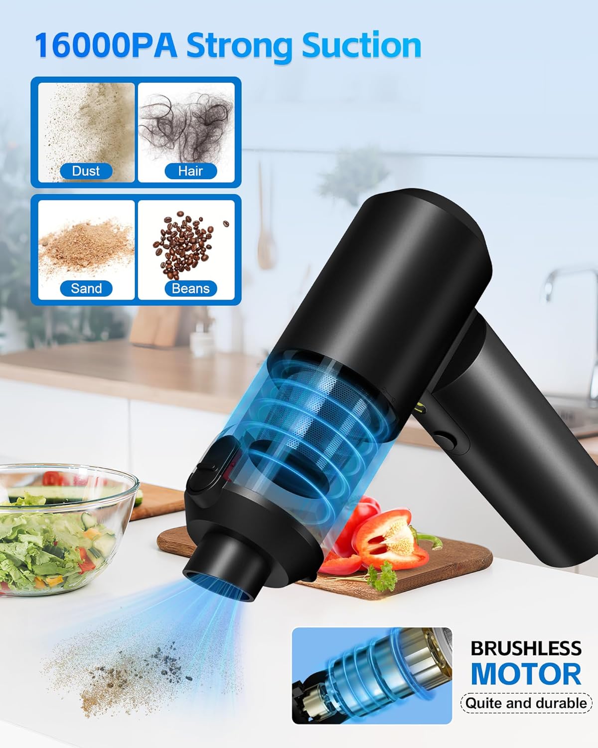 Car Vacuum Portable Cordless - 4 in 1 90° Foldable Mini Car Vacuum with 16000Pa, Rechargeable Handheld Air Duster with Brushless Motor for Auto Home Office Pet Hair (Black)