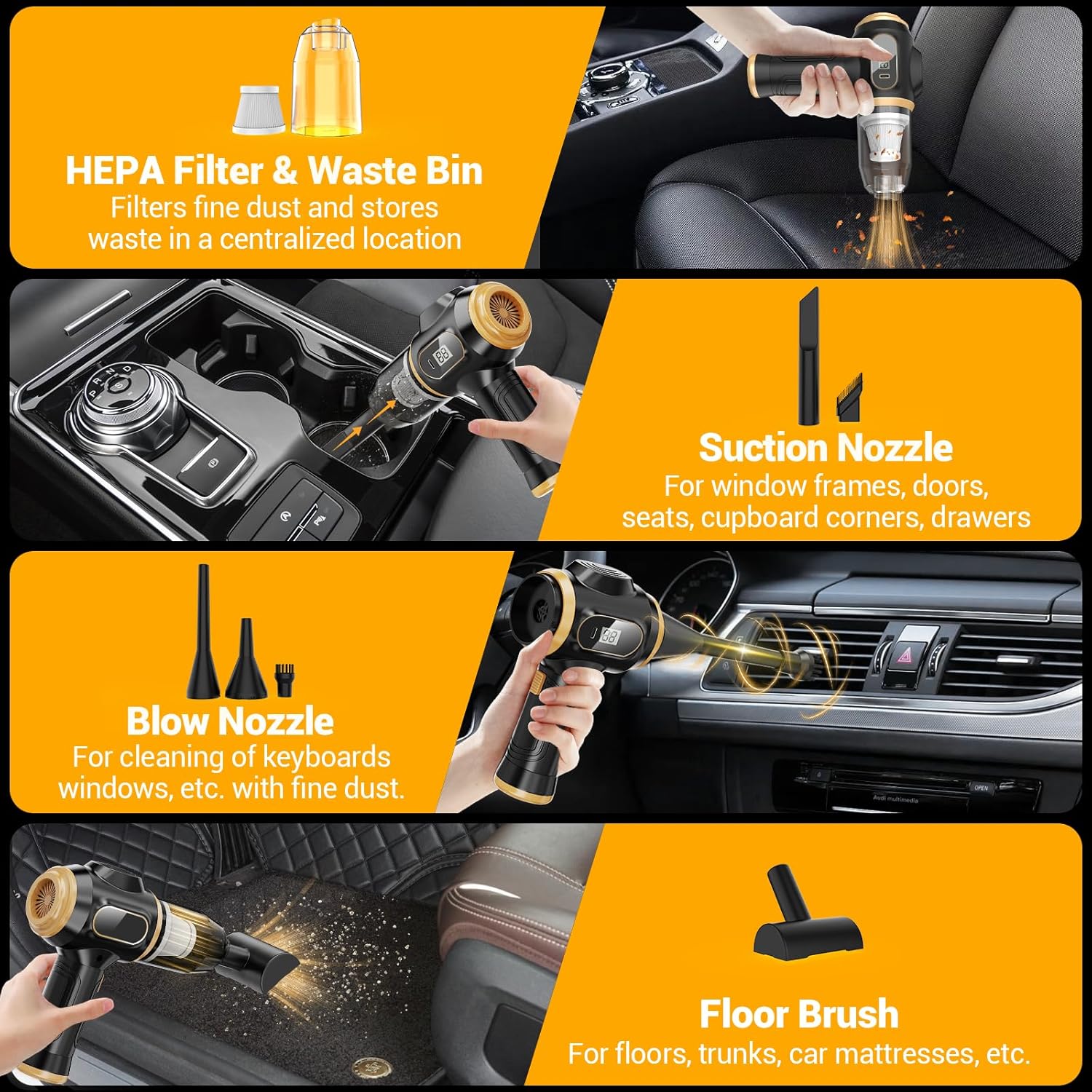 Portable Car Vacuum Cordless Mini Handheld Vacuums Cleaner Rechargeable with LCD Display and Multi-Nozzles, High Power Hand held Cleaners for Car, Home, Office, Sofa, Pet Hair,Keyboard (Black)