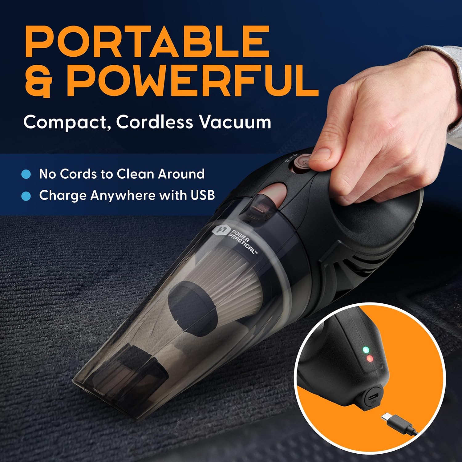 Power Practical Handheld Vacuum Cordless - Rechargeable Portable Car Vacuum W/Strong Suction- Small, Mini Vacuum Cleaner for Car, Couch, & Home - Aspiradora para Carro