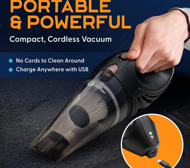 Power Practical Handheld Vacuum Cordless - Rechargeable Portable Car Vacuum W/Strong Suction- Small, Mini Vacuum Cleaner for Car, Couch, & Home - Aspiradora para Carro