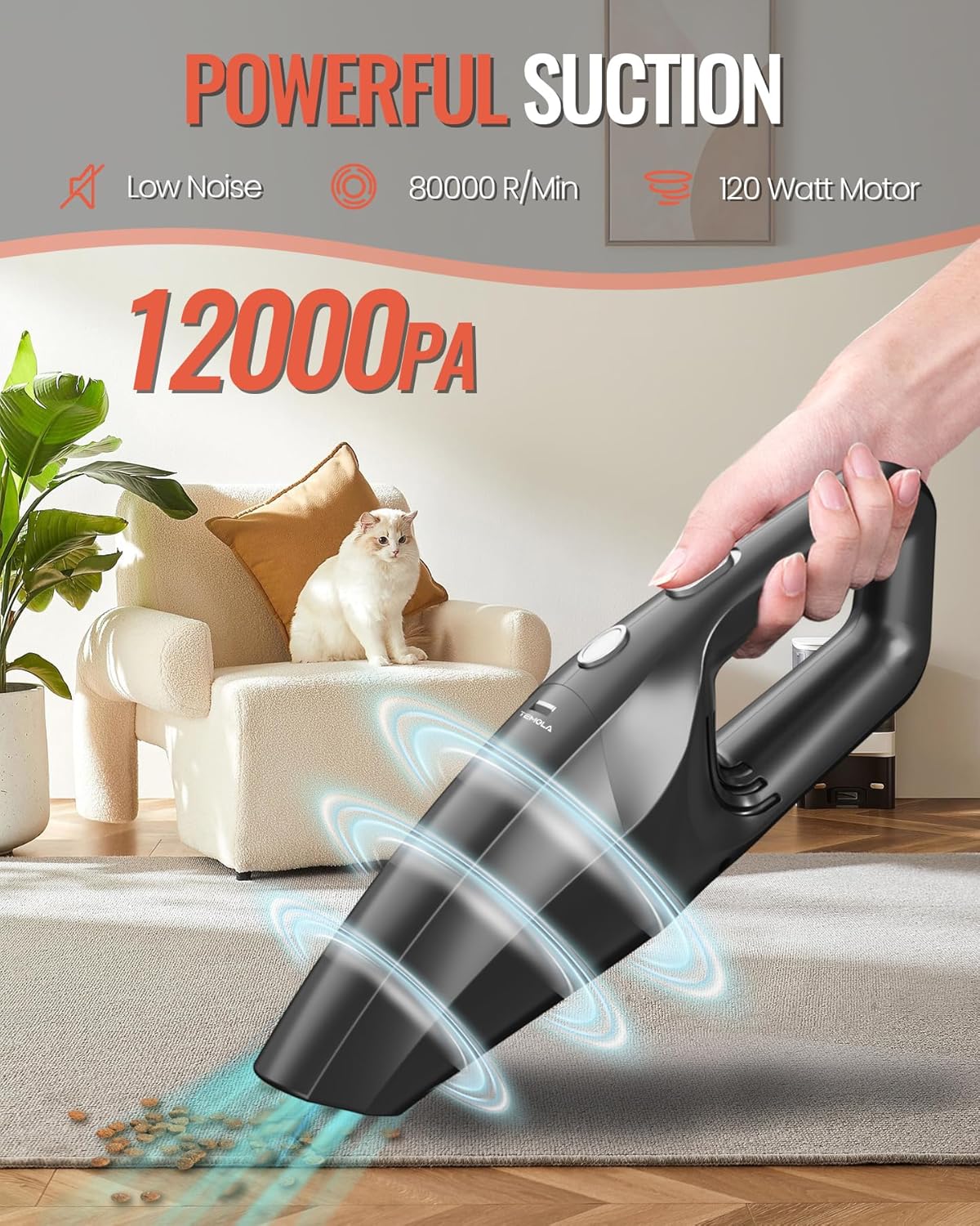 TEMOLA Handheld Vacuum Cordless, Car Vacuum Portable Cordless 12000Pa with Brushless Motor, 0.8lbs Lightweight Mini Vacuum Cleaner, Car Accessories for Women Home Pet Office