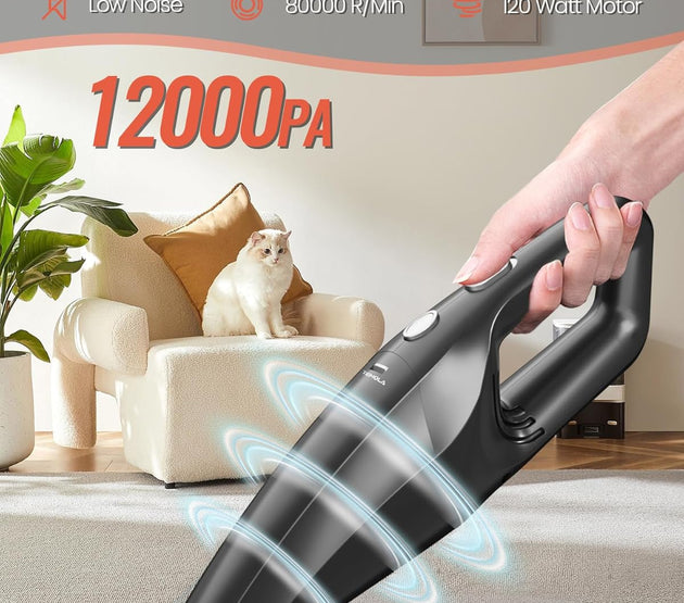 TEMOLA Handheld Vacuum Cordless, Car Vacuum Portable Cordless 12000Pa with Brushless Motor, 0.8lbs Lightweight Mini Vacuum Cleaner, Car Accessories for Women Home Pet Office