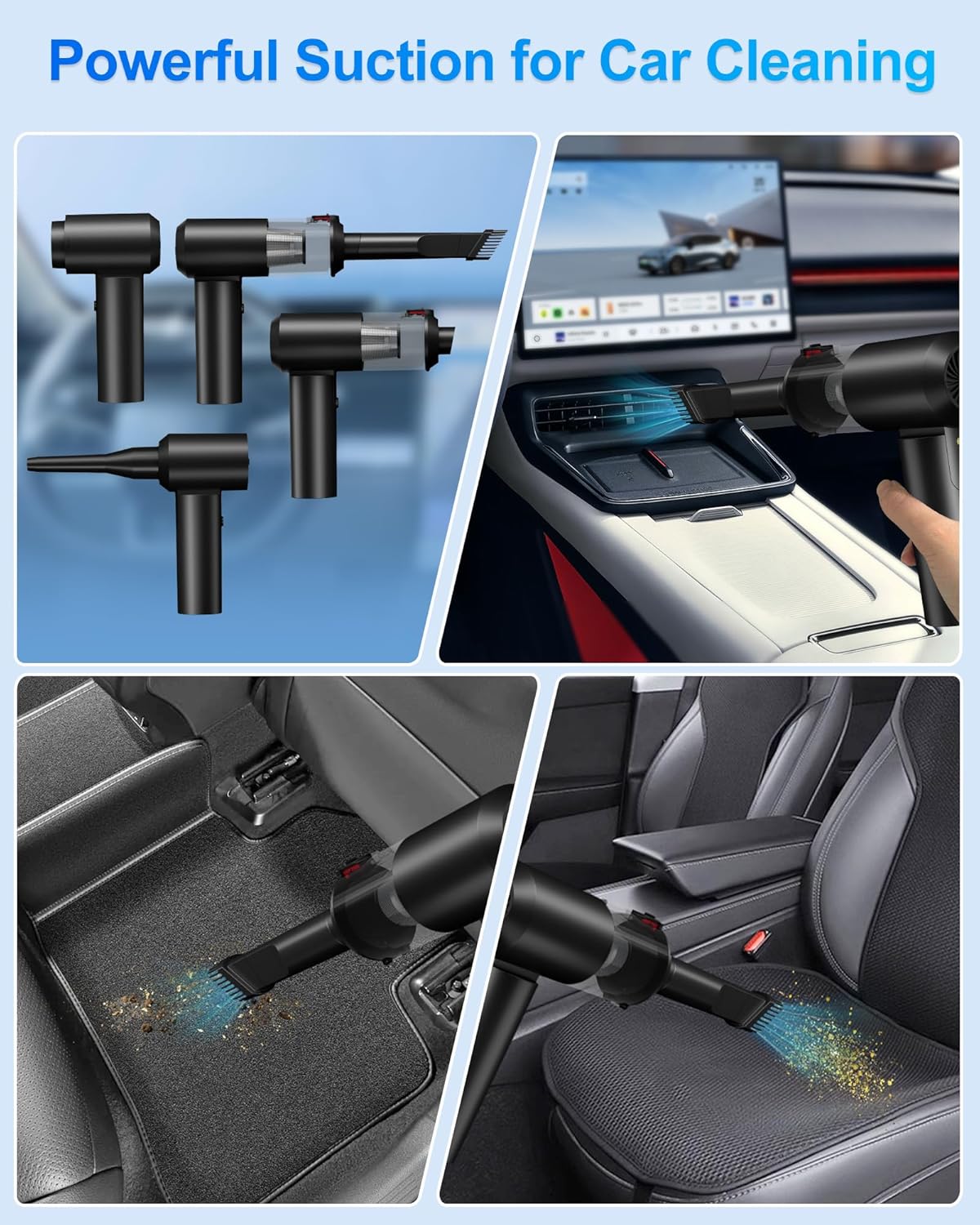 Car Vacuum Portable Cordless - 4 in 1 90° Foldable Mini Car Vacuum with 16000Pa, Rechargeable Handheld Air Duster with Brushless Motor for Auto Home Office Pet Hair (Black)