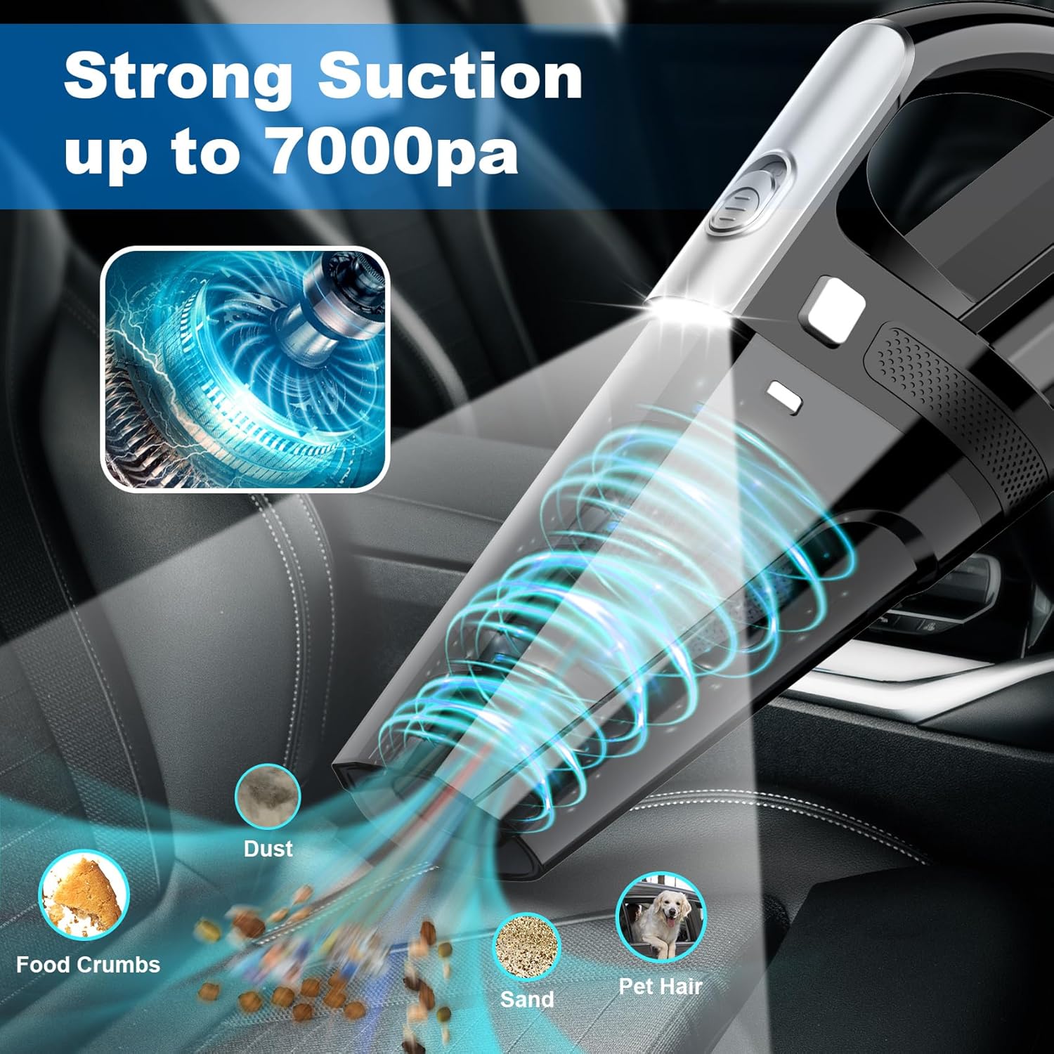Car Vacuum, Portable Vacuum Cleaner with Powerful 7000PA Suction, DC 12V Power 16.4Ft Cord Wired Vacuum Cleaner, LED Light, Car Accessories for Men/Women, Black