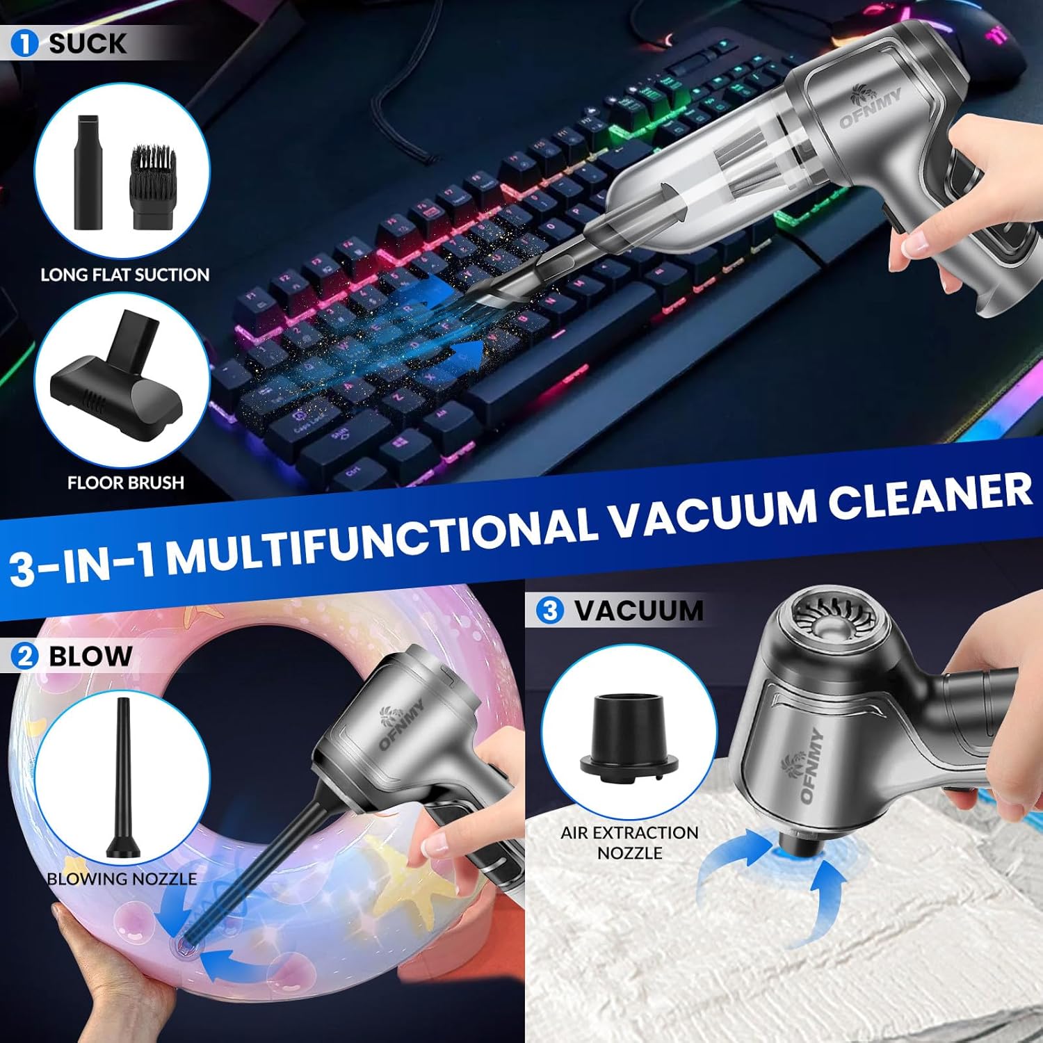Wireless Handheld Car Vacuum Cleaner,Mini Car Vacuum Cleaner,15000Pa High Power Cordless Vacuum Cleaner,3 in 1 Portable Handheld Car Vacuum Cordless for Car,Office and Home Cleaning, Grey+black
