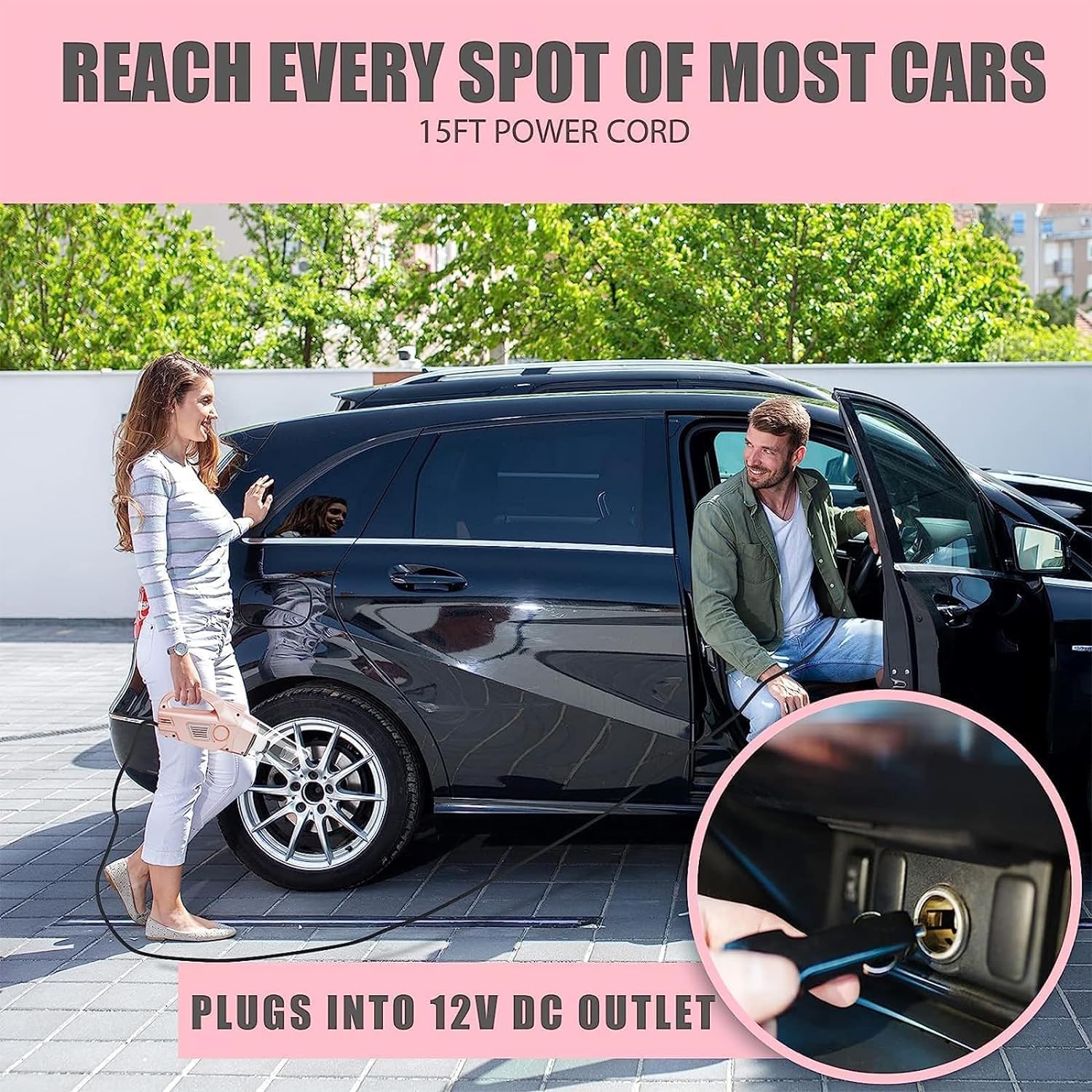 VARSK 4-in-1 Car Vacuum Cleaner High Power, Presents for Her Women Girls Mom, Pink Handheld Car Vacuum Portable Tire Inflator with Digital Tire Pressure Gauge LCD Display and Light, 12V DC, 15FT Cord