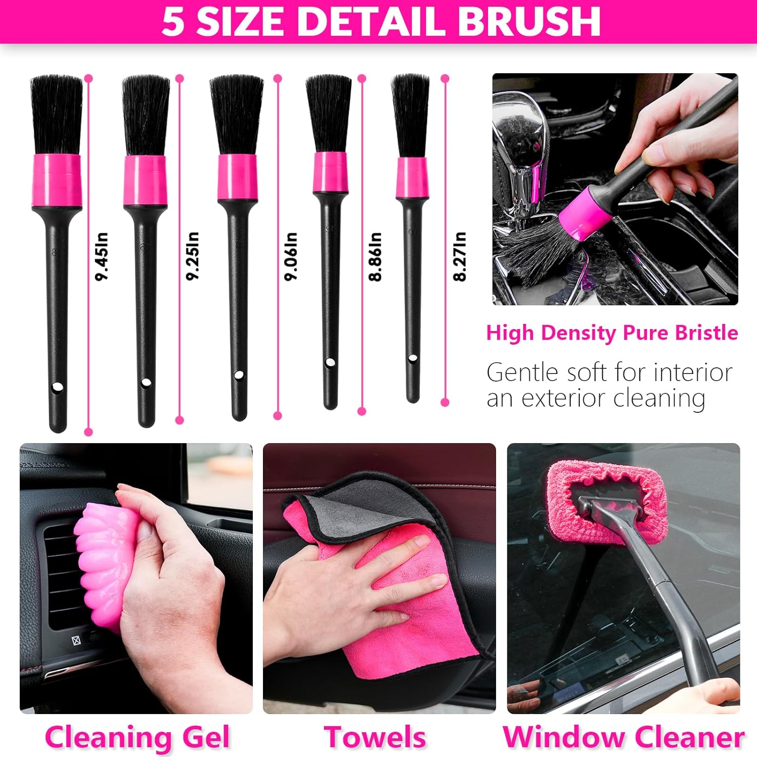 Car Cleaning Kit, Car Vacuum Detailing Kit Interior with High Power Handheld Vacuum, Including 7Pcs Detailing Brush Set, Windshield Cleaner, Pink Car Accessories for Women