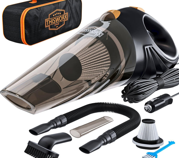 THISWORX Car Vacuum Cleaner - Portable, High Power, Handheld Vacuums w/ 3 Attachments, 16 Ft Cord & Bag - 12v, Auto Accessories Kit for Interior Detailing - Black
