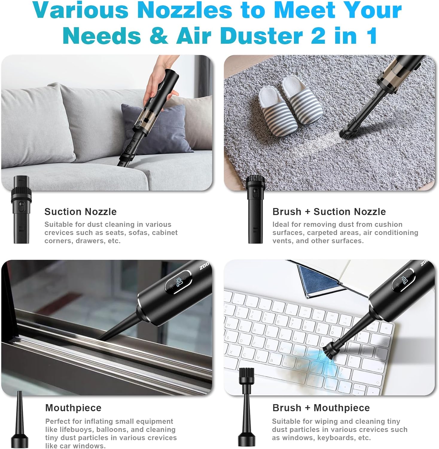 Handheld Vacuum Cordless, Upbooz Portable Car Vacuum, 14000PA Powerful Suction Vacuum Cleaner with LED Light and Air Duster 2 in 1, Low Noise Rechargeable Mini Hand Held Vacuum for Car Home Pet Office