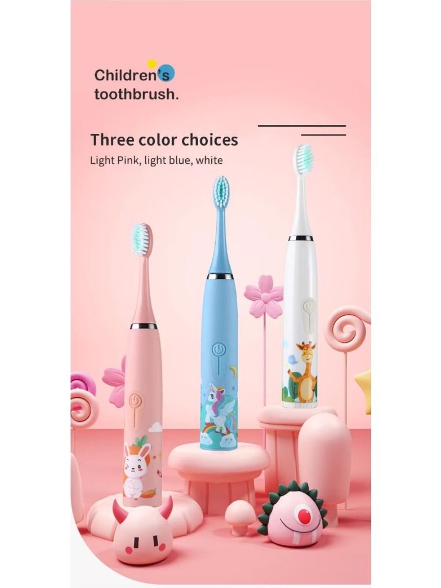Electric children's toothbrush with soft bristles, featuring a two-minute timer and six replacement heads