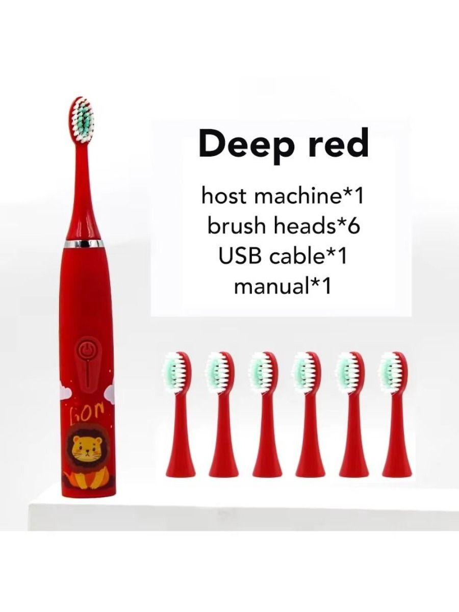 Electric children's toothbrush with soft bristles, featuring a two-minute timer and six replacement heads