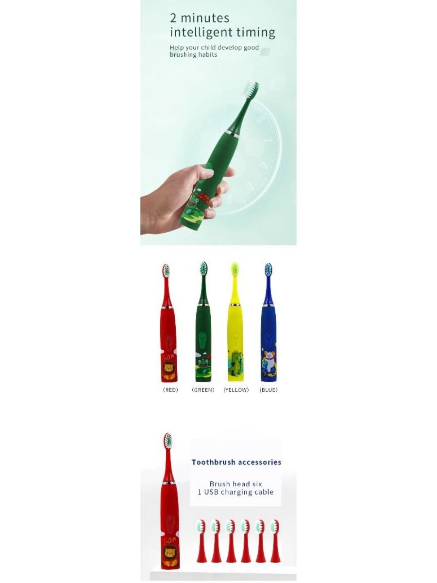 Electric children's toothbrush with soft bristles, featuring a two-minute timer and six replacement heads