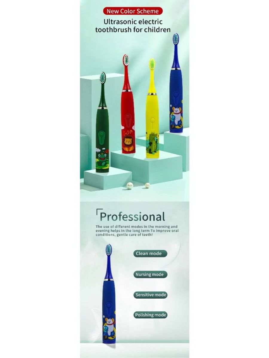 Electric children's toothbrush with soft bristles, featuring a two-minute timer and six replacement heads