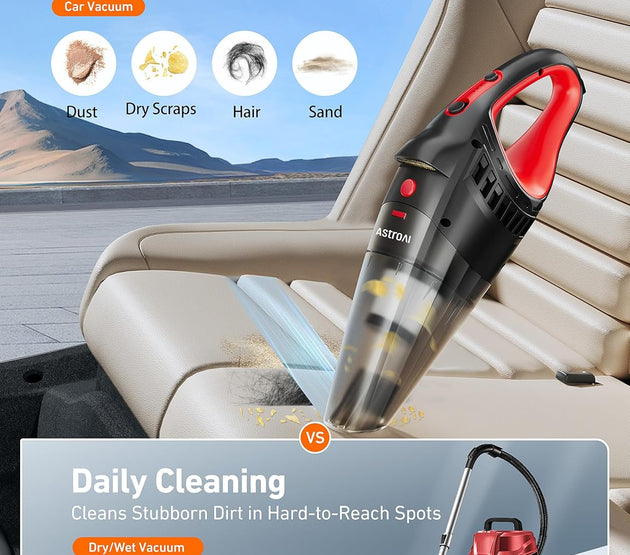 AstroAI Car Vacuum Cleaner, Portable Handheld Vacuum and Car Accessories, 16.4 Ft Cord-12V Power, LED Light, w/3 Attachments，Auto Accessories Kit for Interior Detailing for Quick Cleaning (Red)