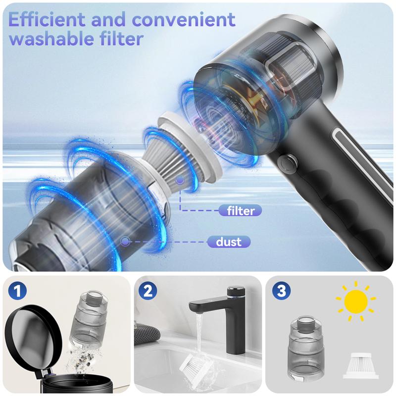 Handheld wireless car vacuum cleaner, high-power car vacuum cleaner and air dust collector, 4-in-1 portable mini car vacuum cleaner, handheld car and home vacuum cleaner, suitable for home, car, office, and pets.