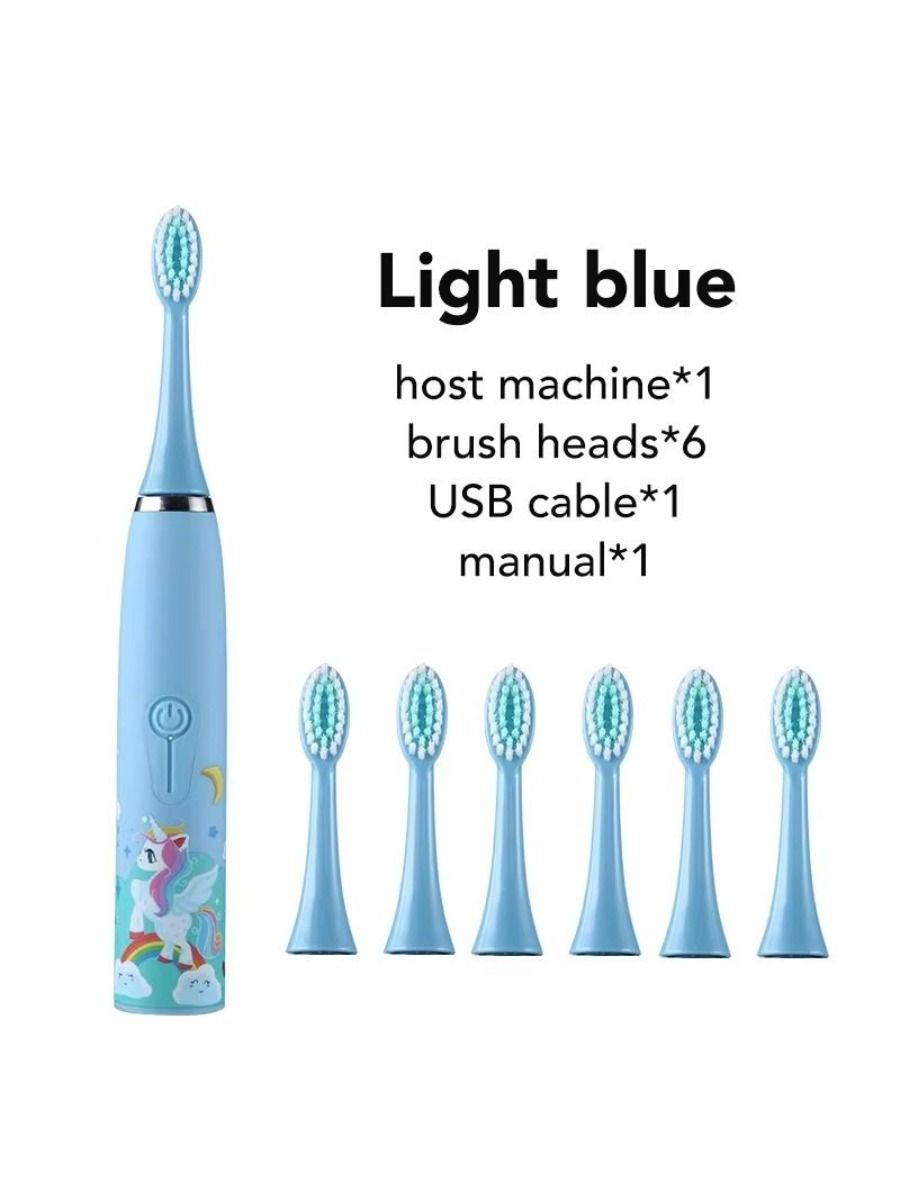 Electric children's toothbrush with soft bristles, featuring a two-minute timer and six replacement heads