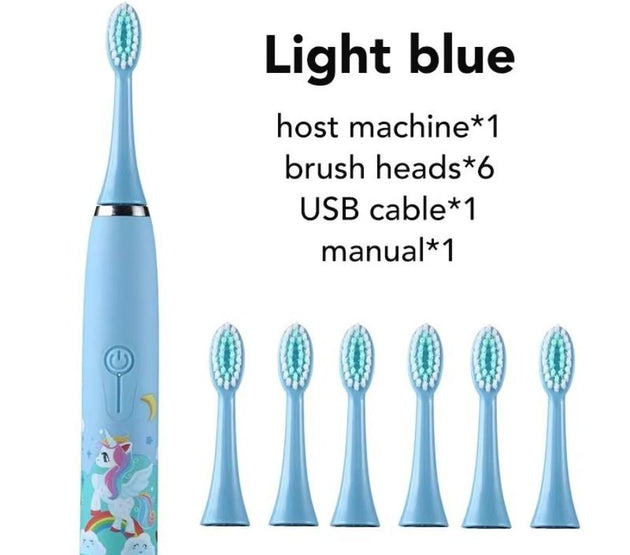 Electric children's toothbrush with soft bristles, featuring a two-minute timer and six replacement heads