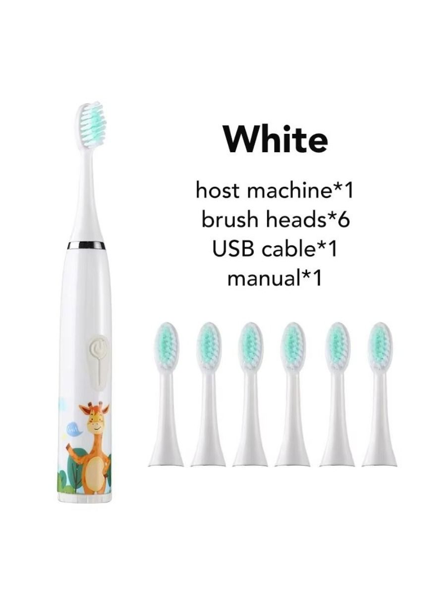 Electric children's toothbrush with soft bristles, featuring a two-minute timer and six replacement heads