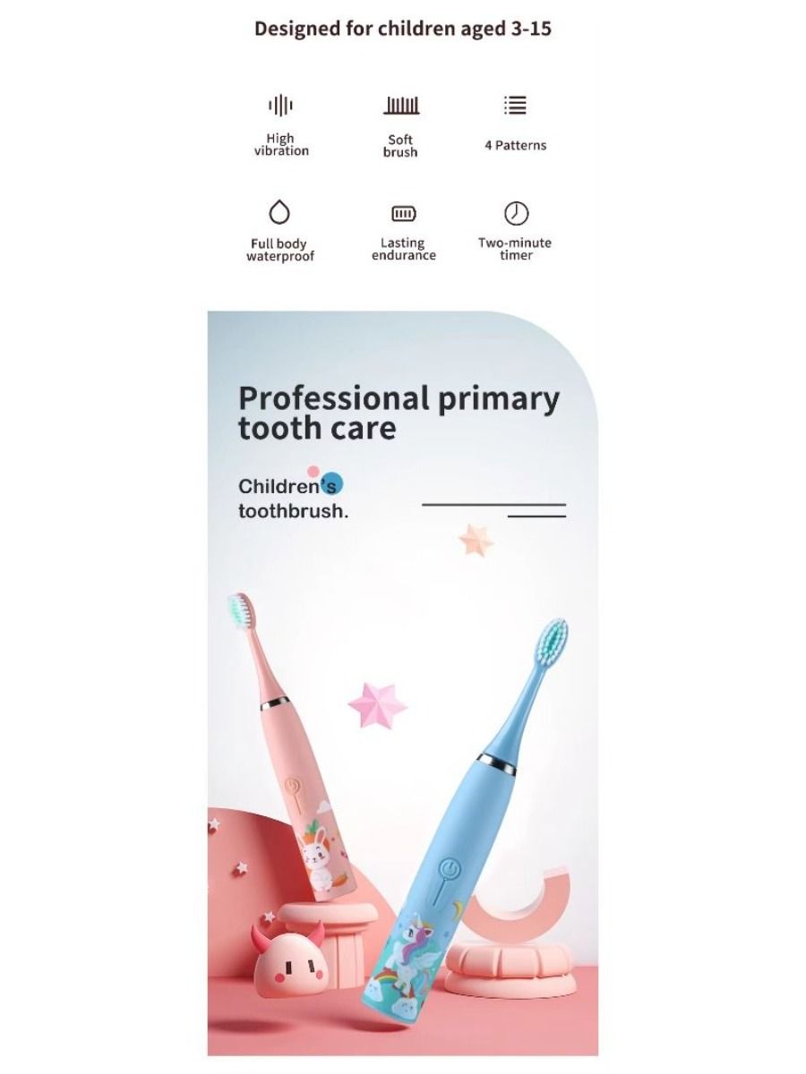 Electric children's toothbrush with soft bristles, featuring a two-minute timer and six replacement heads