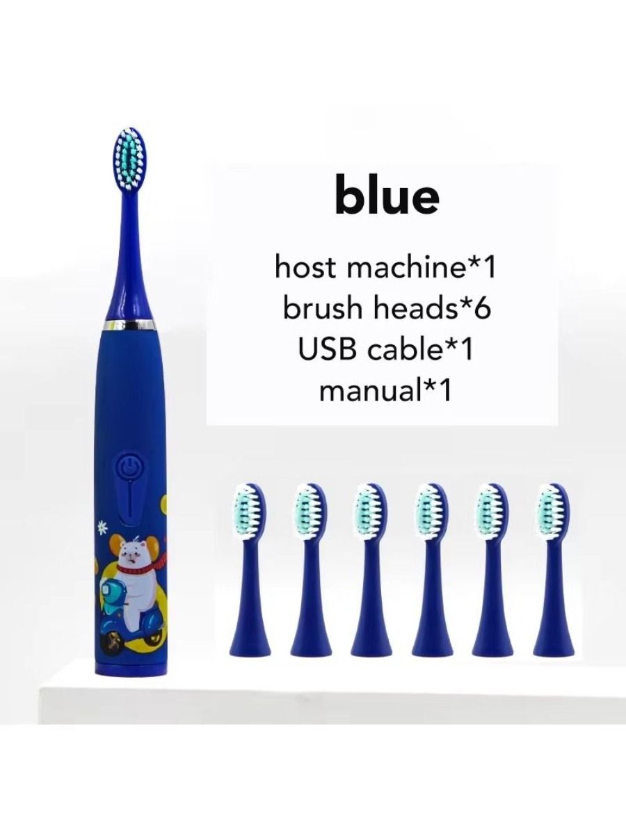 Electric children's toothbrush with soft bristles, featuring a two-minute timer and six replacement heads