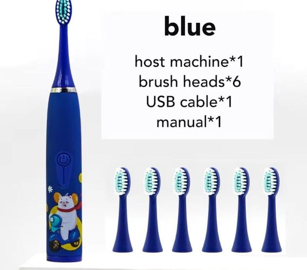 Electric children's toothbrush with soft bristles, featuring a two-minute timer and six replacement heads