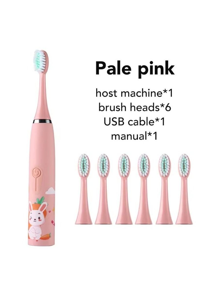 Electric children's toothbrush with soft bristles, featuring a two-minute timer and six replacement heads