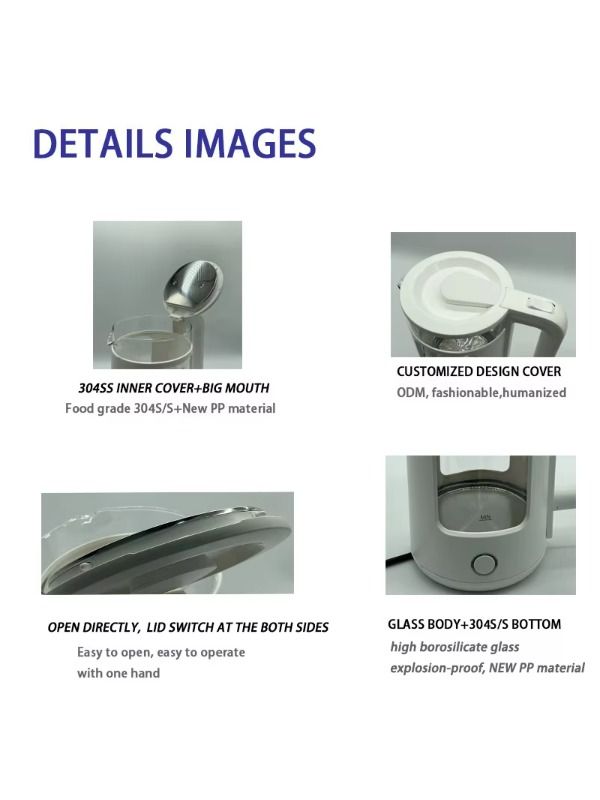 Wholesale and retail trade are conducted in China, featuring new designs of traditional glass electric teapots with a 1.8-liter style and heating elements controlled by a Strix controller.